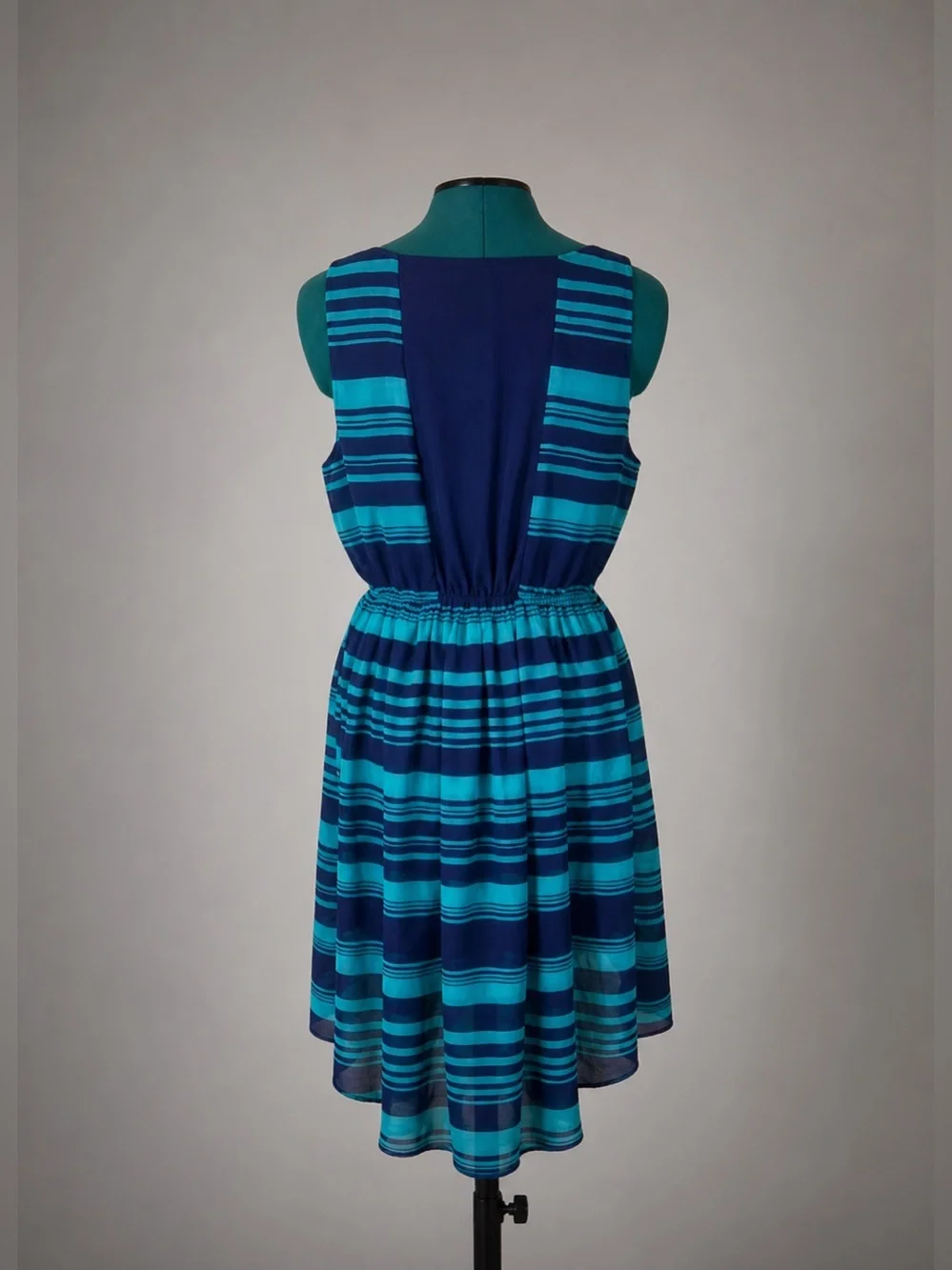 Attention Blue Stripe Hi‎ Low Fit & Flare Tank Dress Sheer Back M